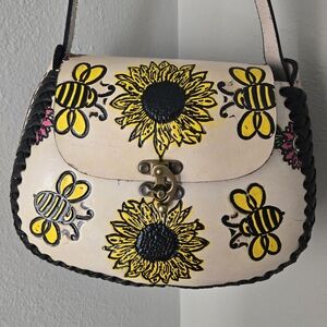 New Mexican hand tooled leather purse bee and floral design